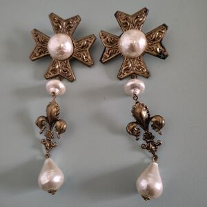 Vintage Maltese Cross And Fleur-de-lis Long Dangle Pierced Earrings